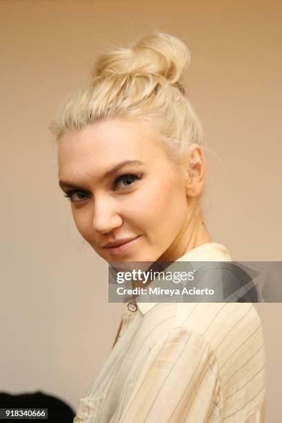 Model poses backstage for Irina Vitjaz during New York Fashion Week: The Shows at Gallery I at Spring Studios on February 14, 2018 in New York City.