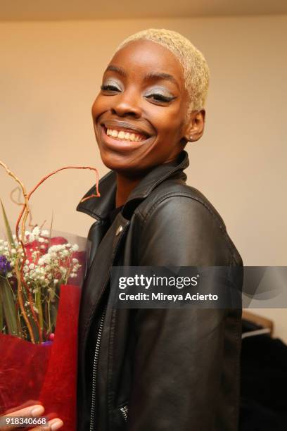 Model poses backstage for Irina Vitjaz during New York Fashion Week: The Shows at Gallery I at Spring Studios on February 14, 2018 in New York City.