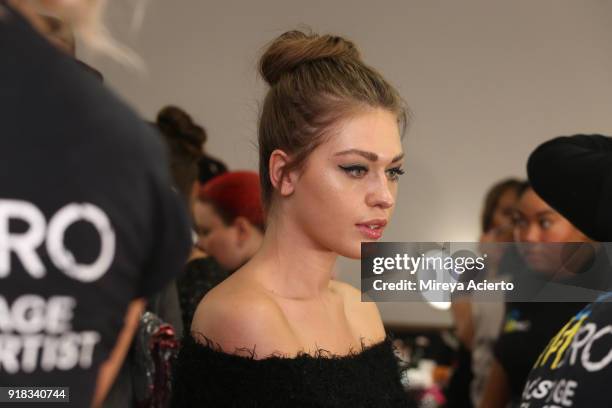 Model poses backstage for Irina Vitjaz during New York Fashion Week: The Shows at Gallery I at Spring Studios on February 14, 2018 in New York City.