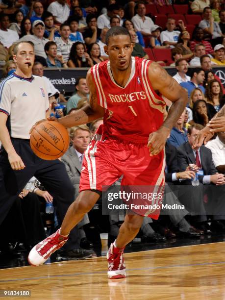 Houston Rockets forward Trevor Ariza dribbles against the Orlando Magic during a pre-season game on October 9, 2009 at Amway Arena in Orlando,...