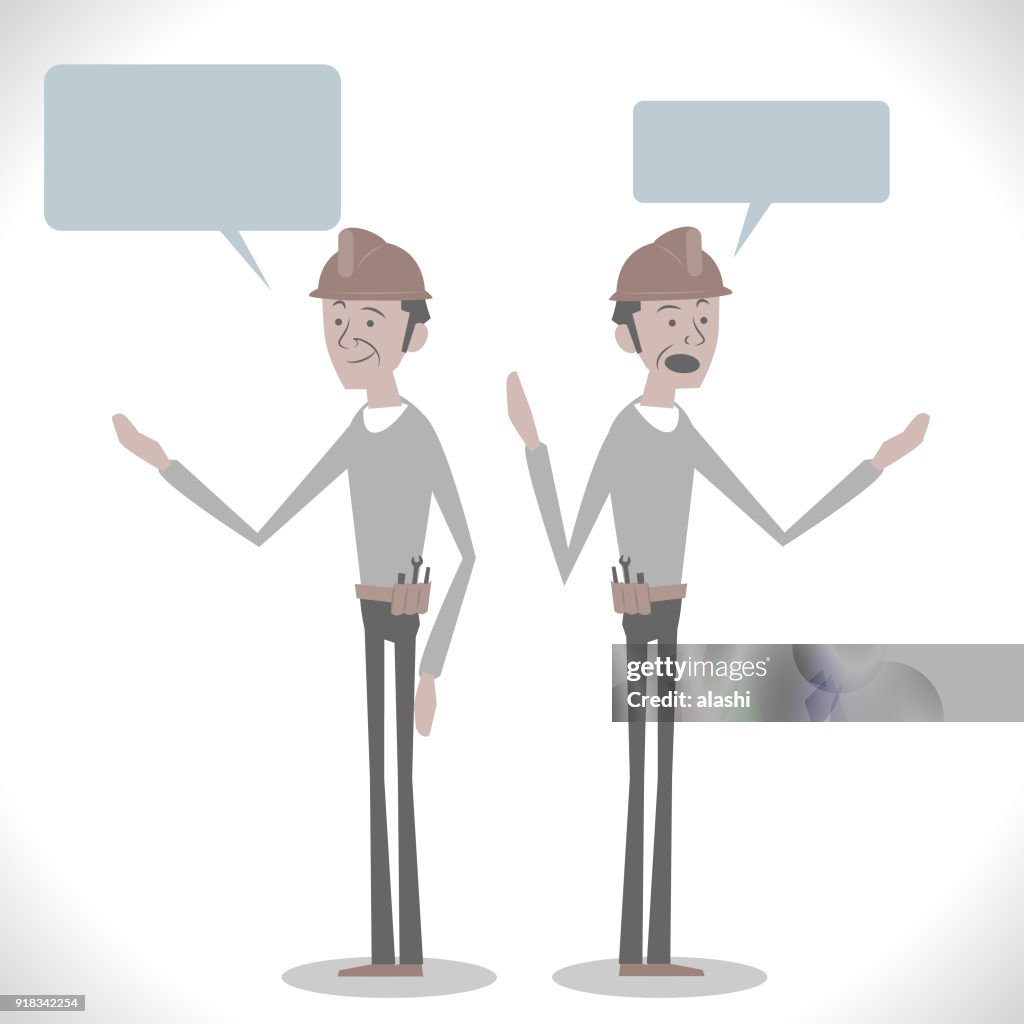 Gray Characters, mid adult technician (construction worker) talking with two posture