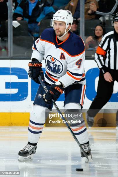 Kris Russell of the Edmonton Oilers looks on during a NHL game against the San Jose Sharks at SAP Center on February 10, 2018 in San Jose, California.