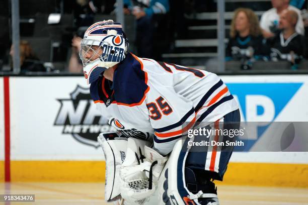 Al Montoya of the Edmonton Oilers looks on during a NHL game against the San Jose Sharks at SAP Center on February 10, 2018 in San Jose, California.