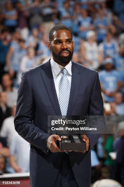 Former North Carolina Tar Heels player Antwan Jamison is honored during a game against the Notre Dame Fighting Irish on February 12, 2018 at the Dean...