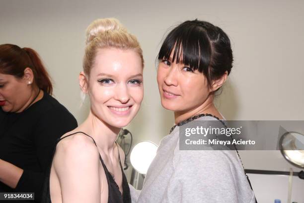 Model poses backstage for Irina Vitjaz during New York Fashion Week: The Shows at Gallery I at Spring Studios on February 14, 2018 in New York City.