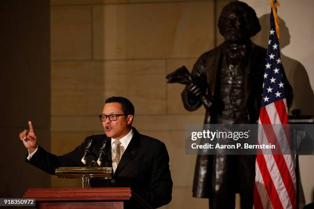 Ken Morris, a descendant of Frederick Douglass, speaks at an event honoring the bicentennial of Frederick Douglass' birth on Capitol Hill on February...