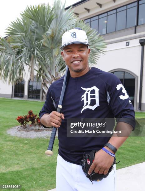 First base coach Ramon Santiago of the Detroit Tigers poses for a photo during Spring Training workouts at the TigerTown Facility on February 14,...