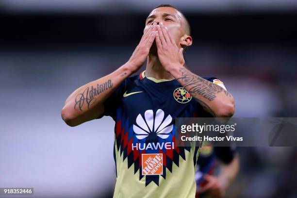 Matheus Uribe of America celebrates after scoring the second goal of his team during the 7th round match between America and Monarcas as part of the...