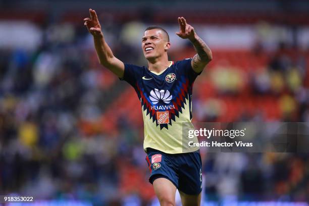 Matheus Uribe of America celebrates after scoring the second goal of his team during the 7th round match between America and Monarcas as part of the...