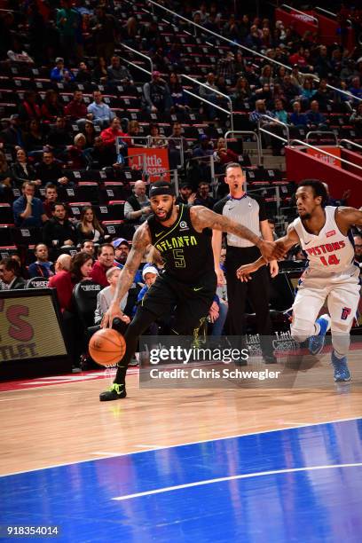 Malcolm Delaney of the Atlanta Hawks handles the ball against the Detroit Pistons on February 14, 2018 at Little Caesars Arena in Detroit, Michigan....