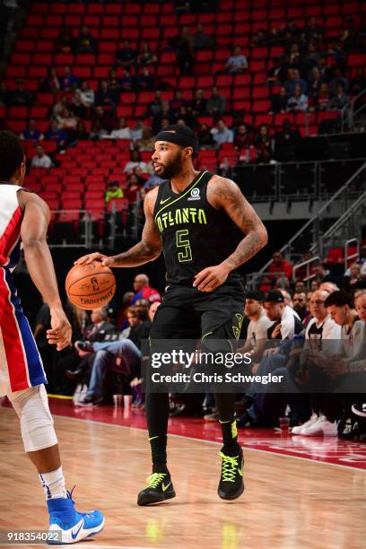 Malcolm Delaney of the Atlanta Hawks handles the ball against the Detroit Pistons on February 14, 2018 at Little Caesars Arena in Detroit, Michigan....