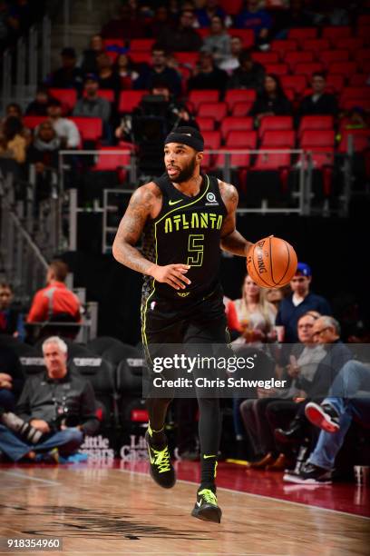 Malcolm Delaney of the Atlanta Hawks handles the ball against the Detroit Pistons on February 14, 2018 at Little Caesars Arena in Detroit, Michigan....