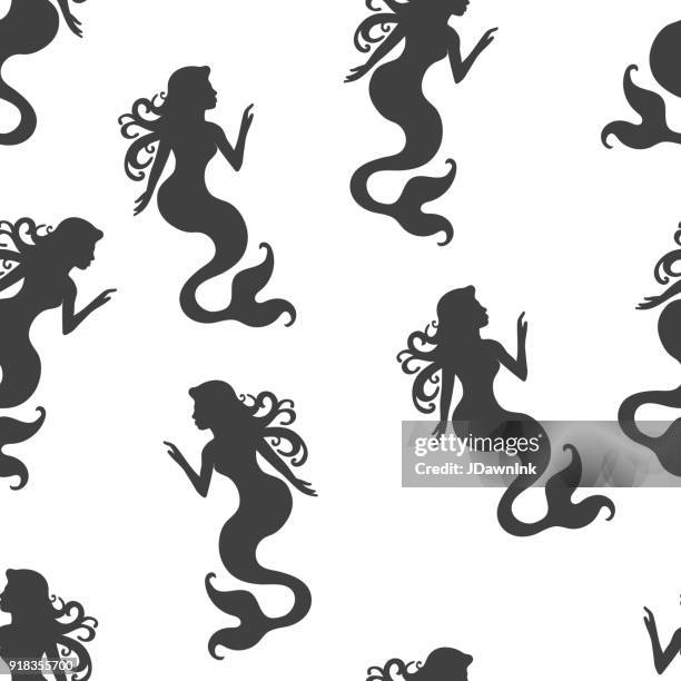 mermaid silhouette repeating seamless pattern background - mermaid vector stock illustrations