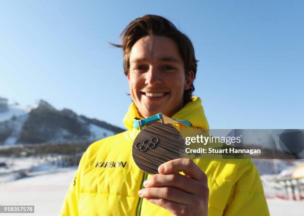 Snowboarder Scotty James of Australia poses with his bronze medal in the Men's Half Pipe on February 15, 2018 in Pyeongchang-gun, South Korea.