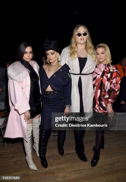 Sofia Carson, Bebe Rexha, Nikkie De Jager, and Olivia Holt attend the Marc Jacobs Fall 2018 Show at Park Avenue Armory on February 14, 2018 in New...