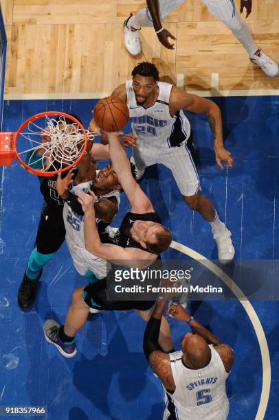 Cody Zeller of the Charlotte Hornets shoots the ball against the Orlando Magic on February 14, 2018 at Amway Center in Orlando, Florida. NOTE TO...