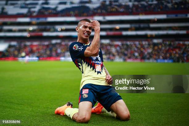 Matheus Uribe of America celebrates after scoring the third goal of his team during the 7th round match between America and Monarcas as part of the...