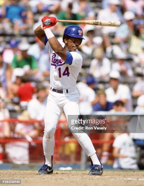 Julio Franco of the Texas Rangers bats during an MLB game at Arlington Stadium in Arlington Texas during the 1990 season.