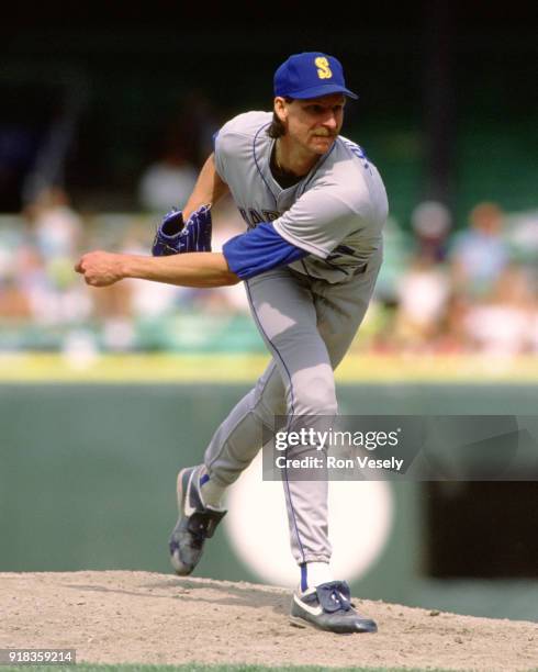 Randy Johnson of the Seattle Mariners pitches during an MLB game against the Chicago White Sox at Comiskey Park in Chicago, Illinois during the 1989...