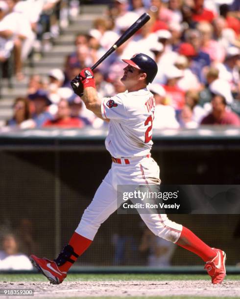 Jim Thome of the Cleveland Indians bats during an MLB game Jacobs Field in Cleveland, Ohio during the 1997 season.