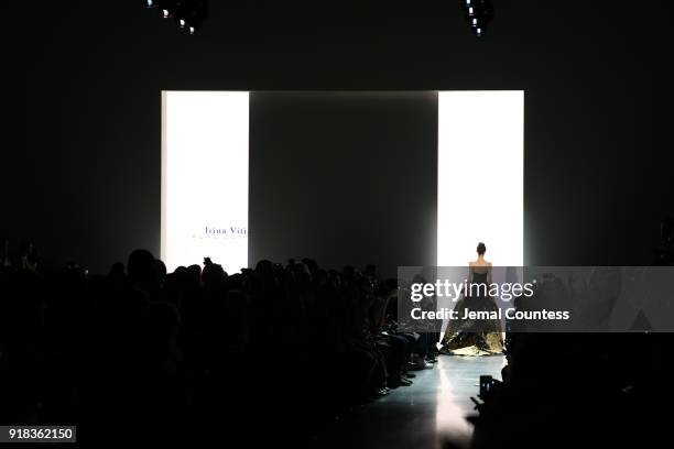 Model walks the runway during the Irina Vitjaz front row during New York Fashion Week: The Shows at Gallery I at Spring Studios on February 14, 2018...