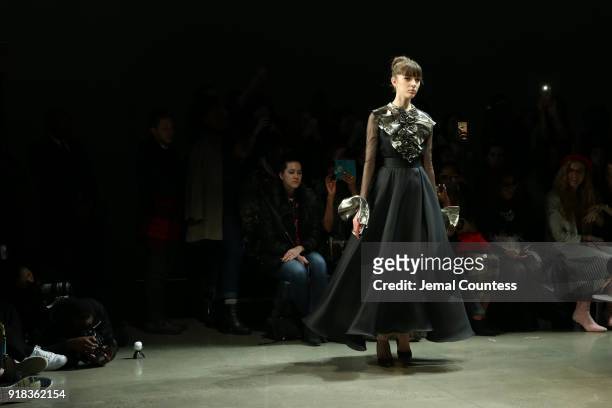 Model walks the runway during the Irina Vitjaz front row during New York Fashion Week: The Shows at Gallery I at Spring Studios on February 14, 2018...
