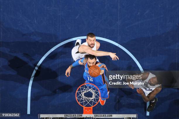 Steven Adams of the Oklahoma City Thunder shoots the ball against the Memphis Grizzlies on February 14, 2018 at FedExForum in Memphis, Tennessee....