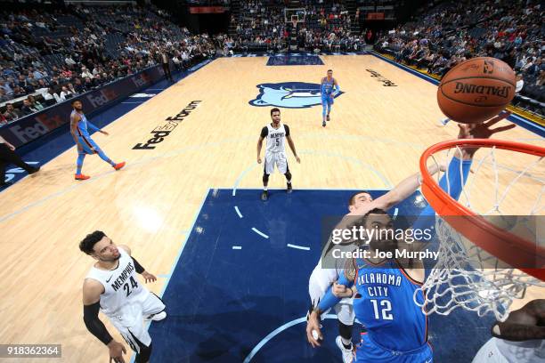 Steven Adams of the Oklahoma City Thunder shoots the ball against the Memphis Grizzlies on February 14, 2018 at FedExForum in Memphis, Tennessee....