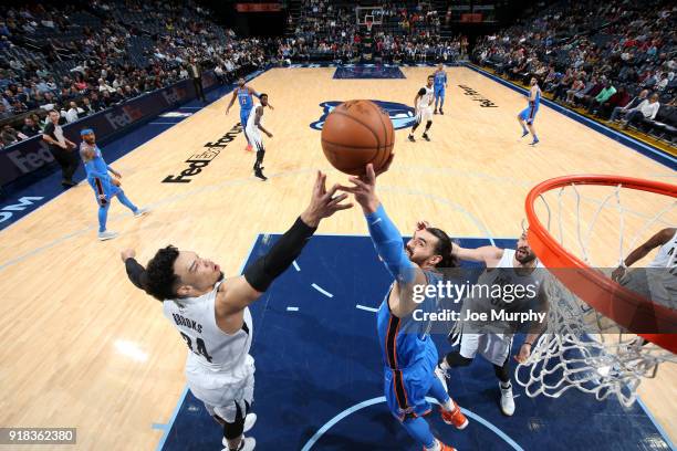 Steven Adams of the Oklahoma City Thunder gets the ball against the Memphis Grizzlies on February 14, 2018 at FedExForum in Memphis, Tennessee. NOTE...