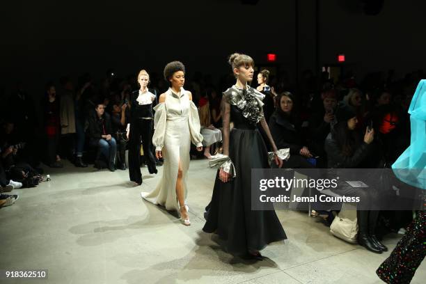 Models walk the runway in the Irina Vitjaz runway show during New York Fashion Week: The Shows at Gallery I at Spring Studios on February 14, 2018 in...