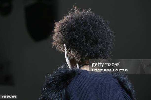 Model, hair detail, attends the Irina Vitjaz front row during New York Fashion Week: The Shows at Gallery I at Spring Studios on February 14, 2018 in...