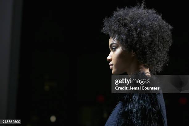 Model, hair detail, attends the Irina Vitjaz front row during New York Fashion Week: The Shows at Gallery I at Spring Studios on February 14, 2018 in...