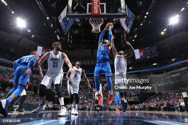 Steven Adams of the Oklahoma City Thunder shoots the ball against the Memphis Grizzlies on February 14, 2018 at FedExForum in Memphis, Tennessee....