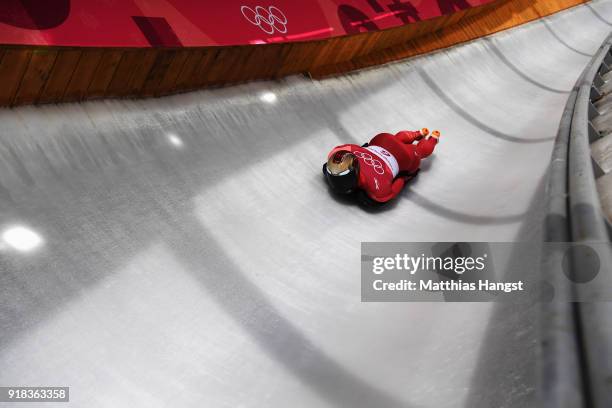 Sungbin Yun of Korea slides during the Men's Skeleton heats on day six of the PyeongChang 2018 Winter Olympic Games at the Olympic Sliding Centre on...