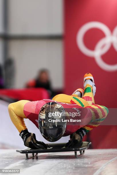 Akwasi Frimpong of Ghana slides during the Men's Skeleton heats on day six of the PyeongChang 2018 Winter Olympic Games at the Olympic Sliding Centre...