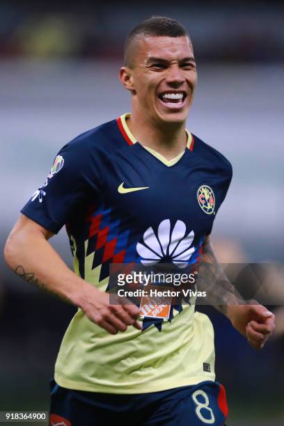 Matheus Uribe of America celebrates after scoring the third goal of his team during the 7th round match between America and Monarcas as part of the...