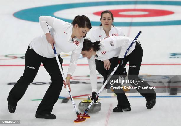 Becca Hamilton, Aileen Geving and Tabitha Peterson of the United States compete during the Curling Women's Round Robin Session 2 held at Gangneung...