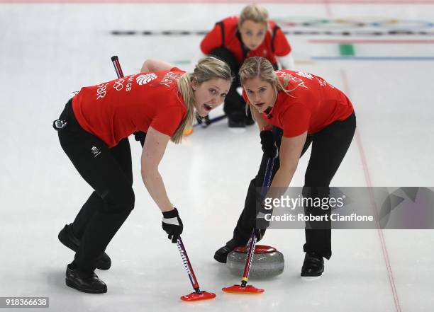 Lauren Gray, Vicki Adams and Anna Sloan of Great Britain compete during the Curling Women's Round Robin Session 2 held at Gangneung Curling Centre on...