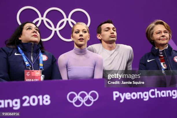 Alexa Scimeca Knierim and Chris Knierim of the United States react to their scores after competing during the Pair Skating Free Skating at Gangneung...