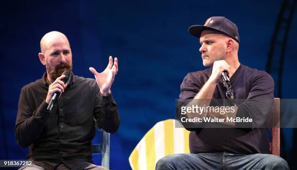 Greg Garcia and Mike O'Malley during the Press Sneak Peak for the Jimmy Buffett Broadway Musical 'Escape to Margaritaville' on February 14, 2018 at...