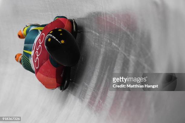 John Farrow of Australia slides during the Men's Skeleton heats on day six of the PyeongChang 2018 Winter Olympic Games at the Olympic Sliding Centre...