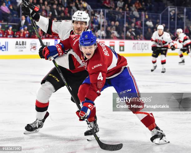 Jim O'Brien of the Belleville Senators and Simon Bourque of the Laval Rocket skate against each other during the AHL game at Place Bell on February...