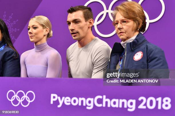 S Alexa Scimeca Knierim and USA's Chris Knierim react after the pair skating free skating of the figure skating event during the Pyeongchang 2018...