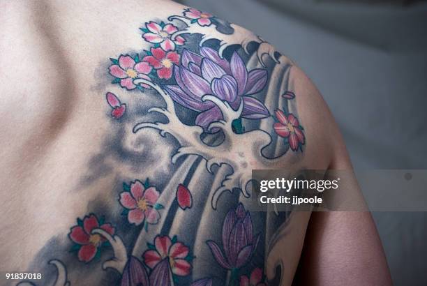 lotus blume tattoo - tattoo shoulder stock-fotos und bilder