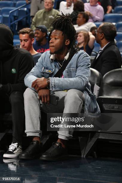 Alvin Kamara of the New Orleans Saints seen at the game between the Los Angeles Lakers and the New Orleans Pelicans on February 14, 2018 at the...