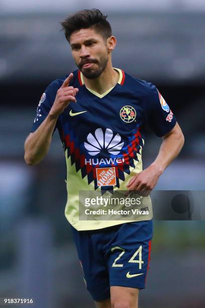 Oribe Peralta of America celebrates after scoring the fourth goal of his team during the 7th round match between America and Monarcas as part of the...