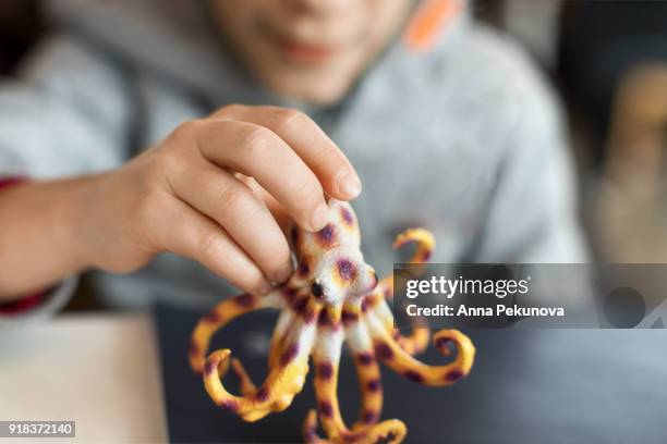 close up of child’s hand holding octopus toy - anna pekunova stock-fotos und bilder