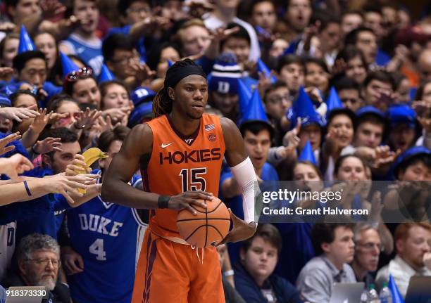 The Cameron Crazies taunt Chris Clarke of the Virginia Tech Hokies during their game against the Duke Blue Devils at Cameron Indoor Stadium on...