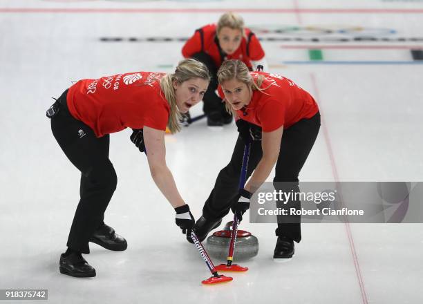 Lauren Gray, Vicki Adams and Anna Sloan of Great Britain compete during the Curling Women's Round Robin Session 2 held at Gangneung Curling Centre on...