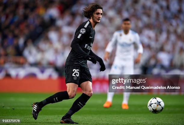 Adrien Rabiot of Paris Saint-Germain in action during the UEFA Champions League Round of 16 First Leg match between Real Madrid and Paris...